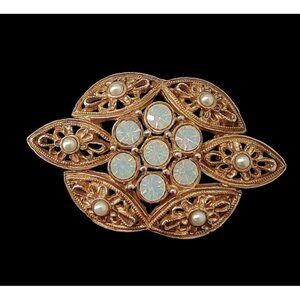 Sarah Coventry Gold Filigree Brooch w/ Opalescent Rhinestones & Pearls, Vintage